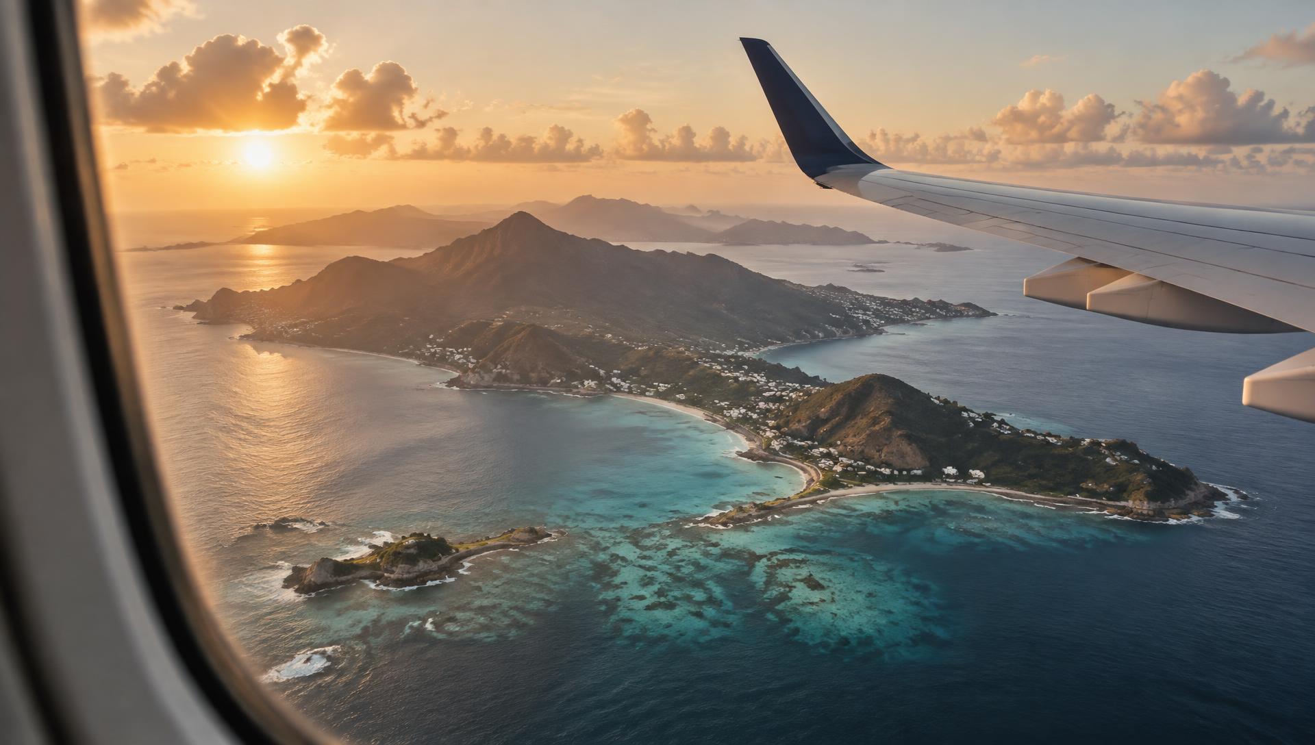 View of a turquoise coastline and mountains from an airplane window at sunset
