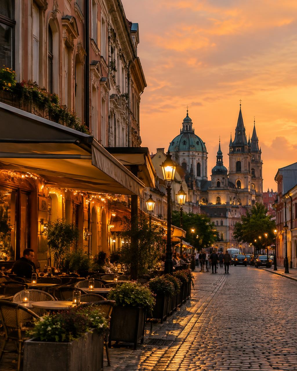Historic city street at dusk with lit cafés and cobblestones